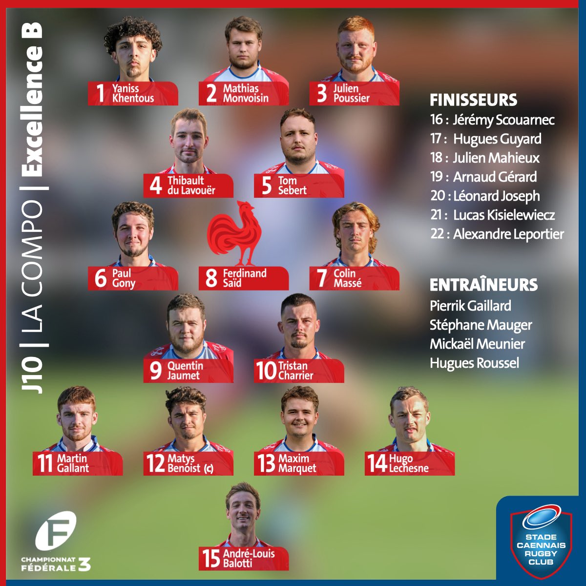 StadeCaennaisRC's tweet image. LA COMPO J10 !

Le SCRC, actuel 3e de la poule 17 avec un match en retard, se déplace à Grand-Champ, actuel 5e. 

Bon match à tous !

La Compo est présentée par Vassard OMB Immobilier, partenaire du Stade Caennais Rugby Club.
.
.
#rugby
#rugbyclub
#fed3
@sportacaen