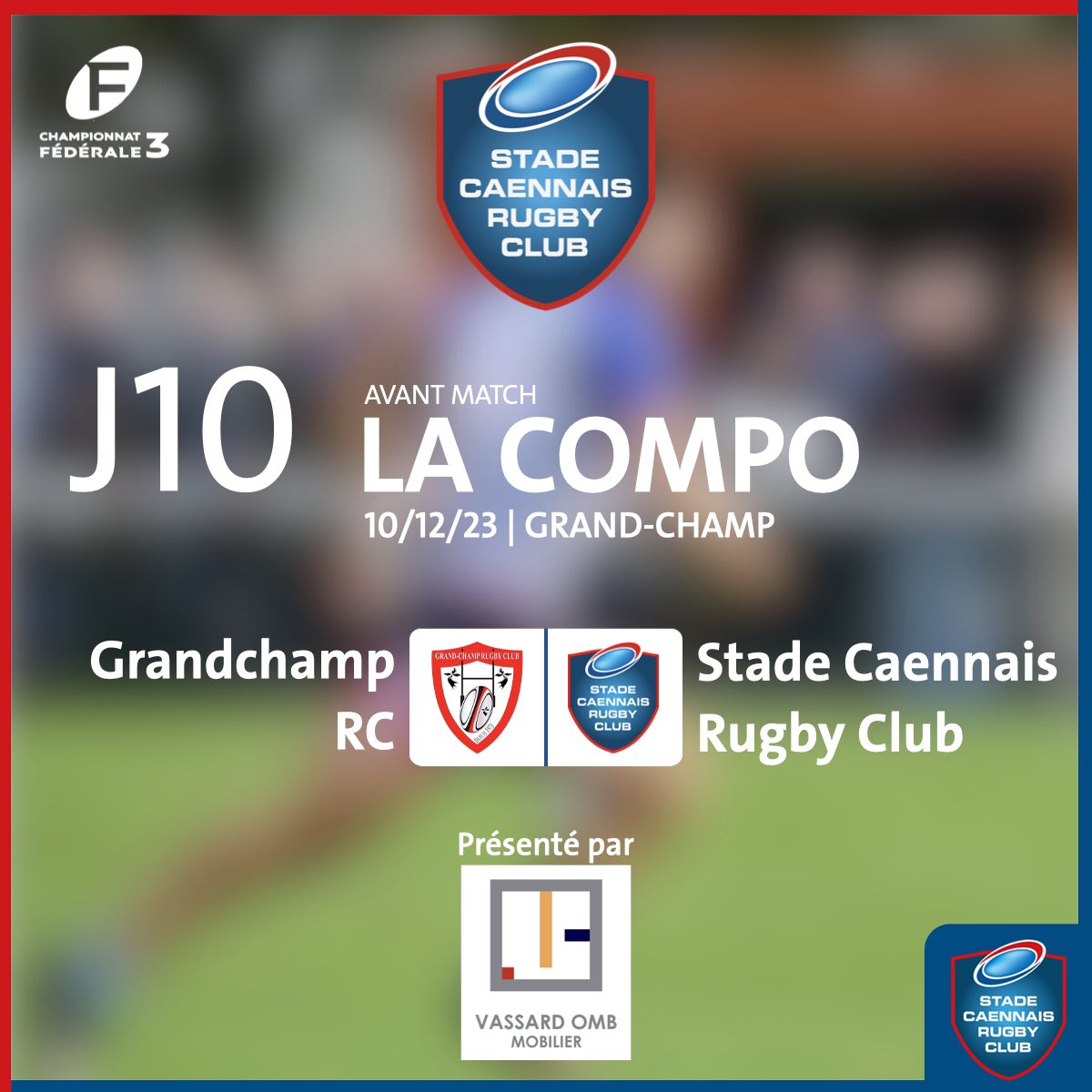 StadeCaennaisRC's tweet image. LA COMPO J10 !

Le SCRC, actuel 3e de la poule 17 avec un match en retard, se déplace à Grand-Champ, actuel 5e. 

Bon match à tous !

La Compo est présentée par Vassard OMB Immobilier, partenaire du Stade Caennais Rugby Club.
.
.
#rugby
#rugbyclub
#fed3
@sportacaen