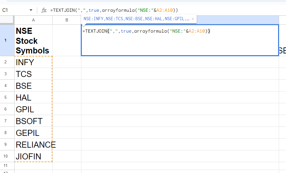 beginning2trade's tweet image. #GooglesheetsTips #trading
Turning a column of symbols into tradingview watchlist?
Use a combination of arrayformula (to prefix each symbol with exchange code) and textjoin (to join all symbols-prefixed with exchange)