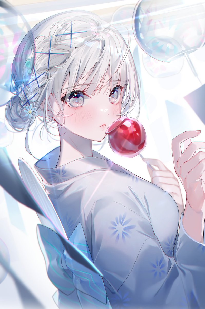 1girl solo japanese clothes food kimono candy apple looking at viewer  illustration images