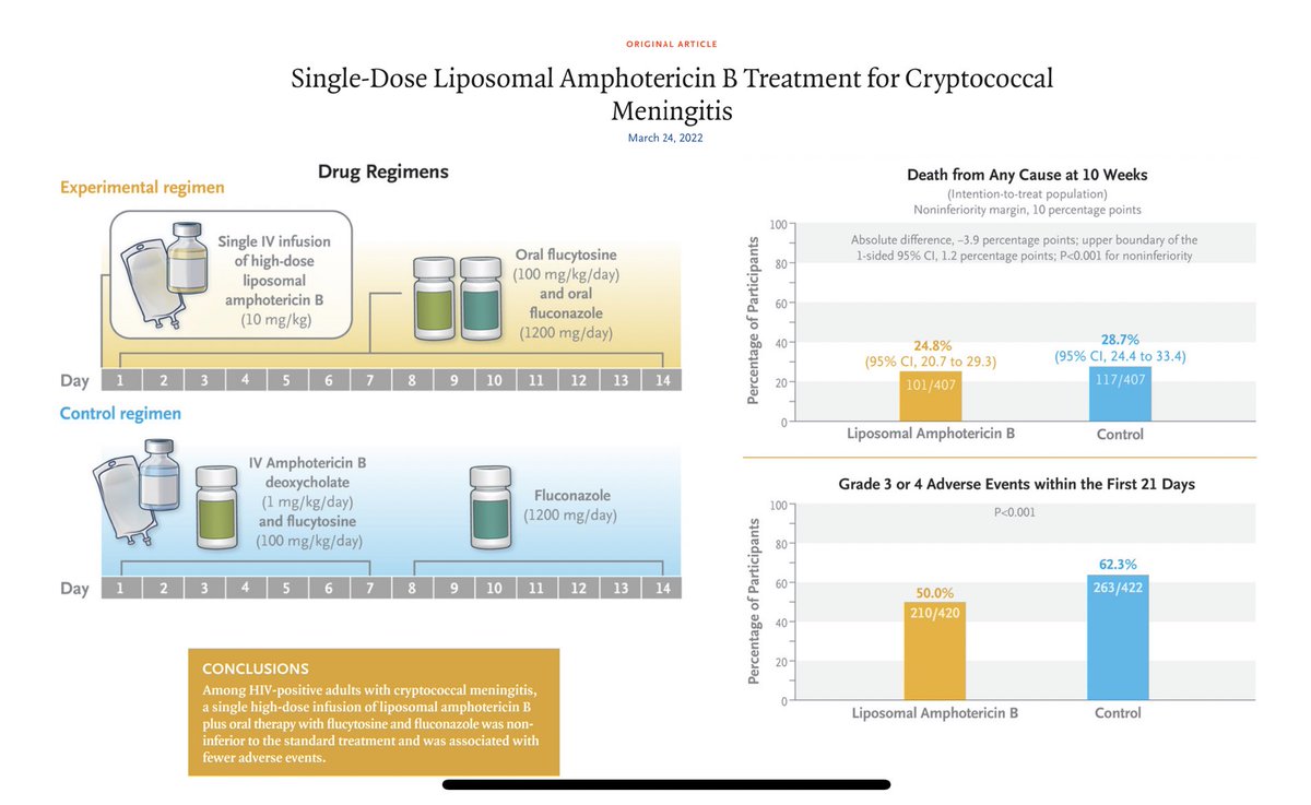 antoniobustme's tweet image. Single-Dose Liposomal Amphotericin B Treatment for #Cryptococcal #Meningitis 🧠🍄

Noninferior to the WHO-recommended treatment for HIV-associated cryptococcal meningitis and was associated with fewer adverse events.

N Engl J Med 2022; 386:1109-1120