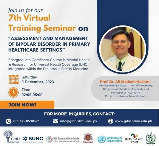 🌟 Attention reg. GPs! Join today's seminar on "Assessment and Management of Bipolar Disorder in Primary Healthcare Settings" 🎓🧠 Let's work together to achieve nationwide universal coverage for mental health! 🇵🇰 #MH #UHC #DFM.