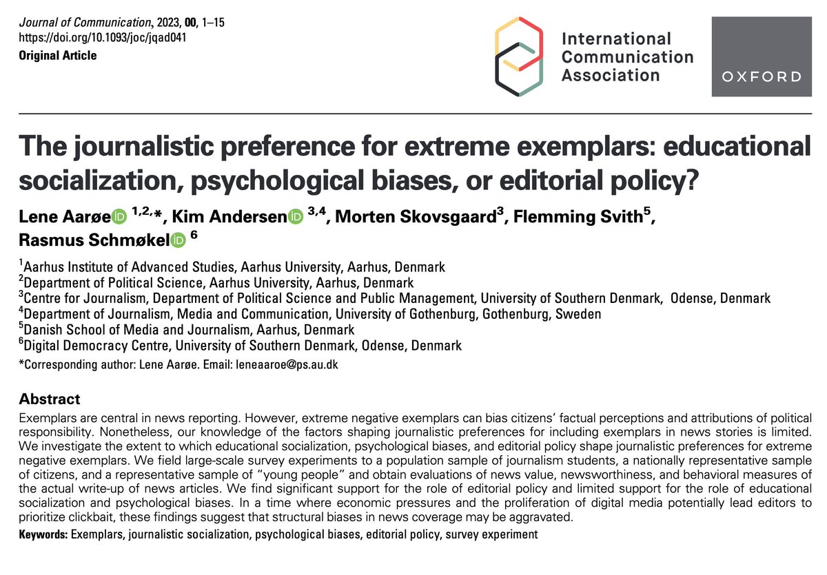 New publication in @Journal_Of_Comm with @aaroe_lene @Mo_Skovsgaard @Fsvith and @rasmusschmokel: What explains the journalistic preference for extreme exemplars in news reporting? Our answer: clickbait oriented editorial policies doi.org/10.1093/joc/jq…