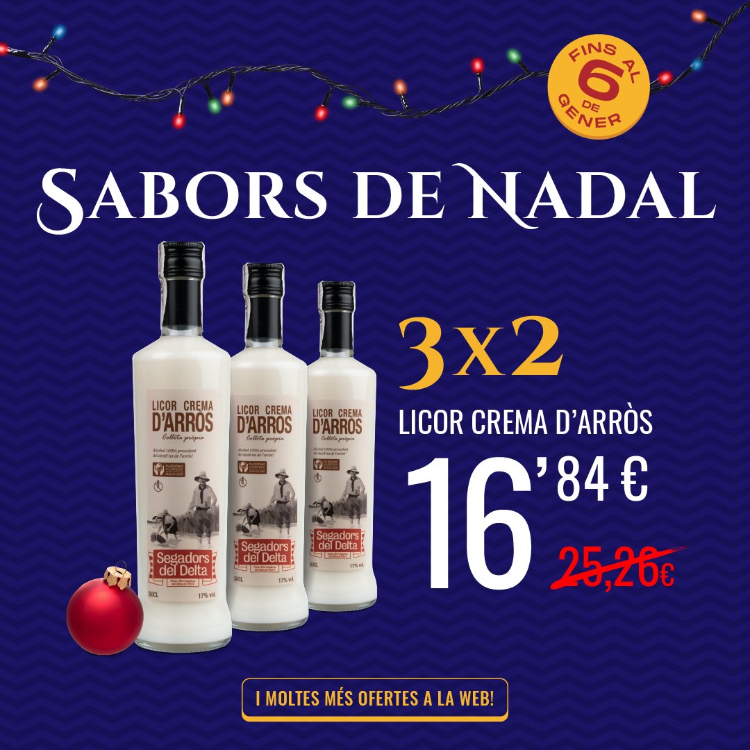 🎄 Aquest Nadal gaudeix del licor de crema d’arròs amb l’oferta 3️⃣x2️⃣!
Emporta’t 3 ampolles del nostre licor insígnia al preu de 2!
tuit.cat/ijuCl

#Nadal #ofertes #licordarròs #3x2 #Segadorsdeldelta #deltadelebre