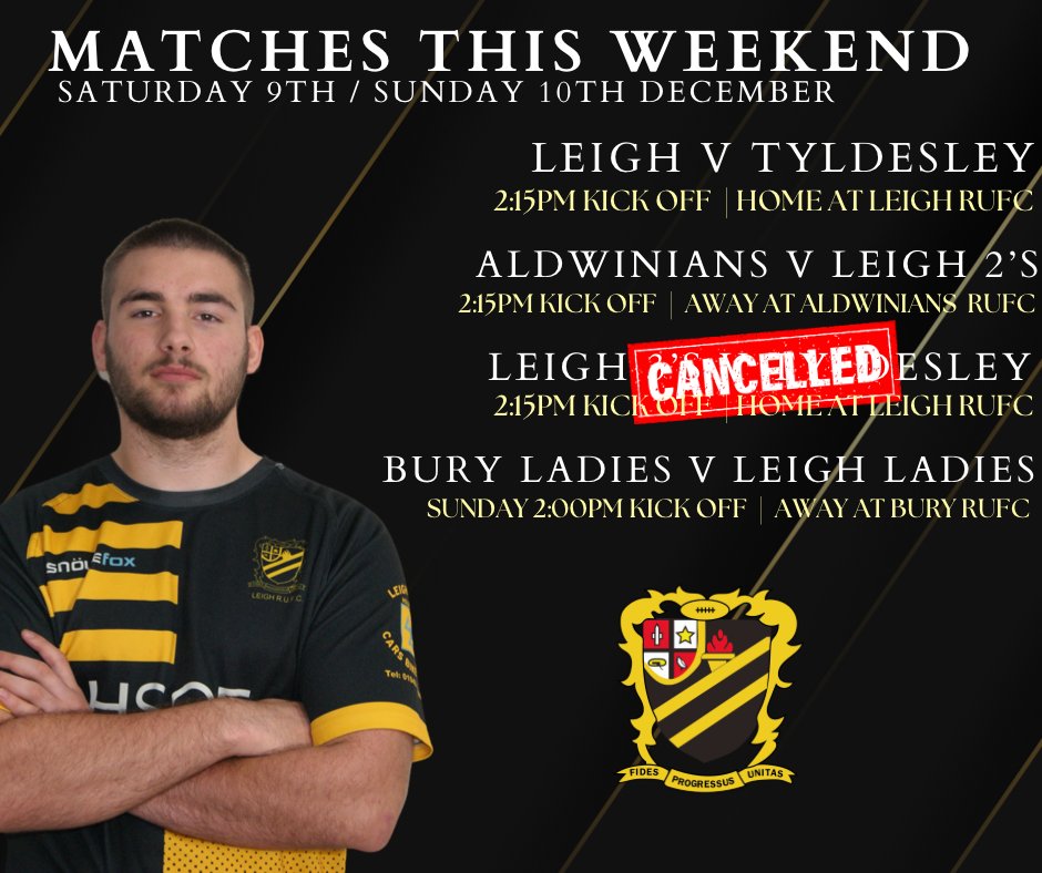 LeighRUFC's tweet photo. LEIGH THIRD TEAM FIXTURE CANCELLED 

Due to waterlogged pitches, the home game between Leigh Third Team and Tyldesley will not go ahead today.

Leigh Third Team v Tyldesley - POSTPONED 

Leigh First team will still continue to play this afternoon against Tyldesley first team. At home 2:15pm KO on the new first team pitch. All spectators welcome, for the derby match💪🏼