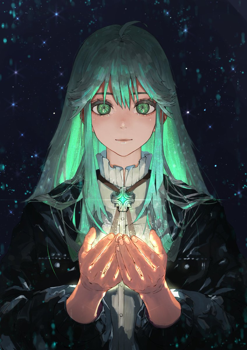 solo long hair green hair green eyes glowing looking at viewer 1girl  illustration images