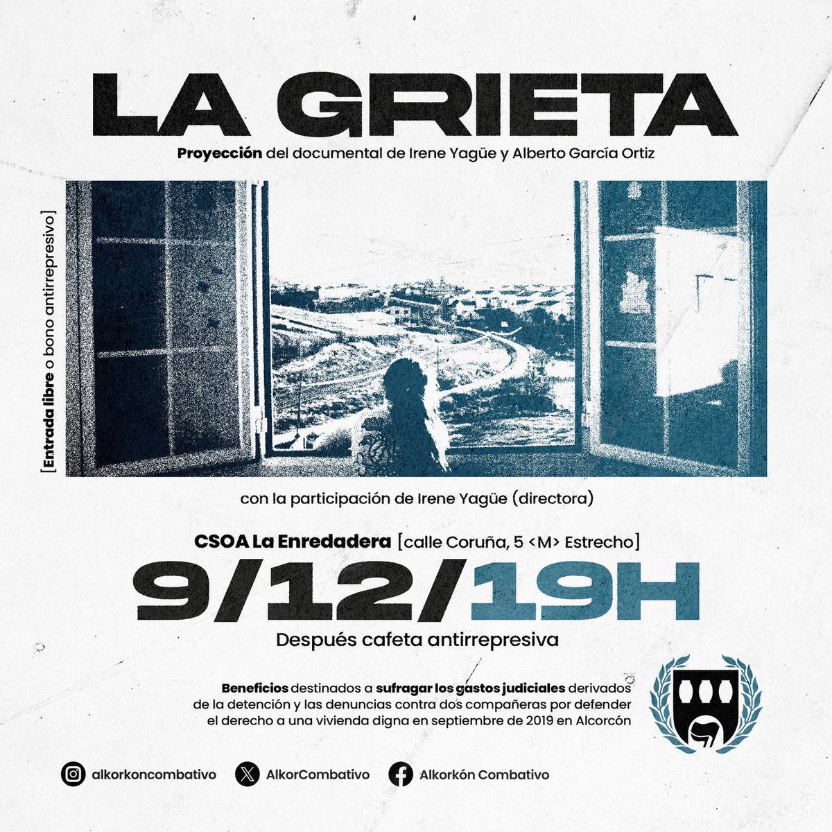 Hoy a las 19H en CSOA La Enredadera realizaremos la proyección del documental “La Grieta”, con la participación de la directora Irene Yagüe.

Los beneficios serán destinados a los gastos derivados del juicio al que nos enfrentamos por parar un desahucio.

¡Acude, apoya, difunde!