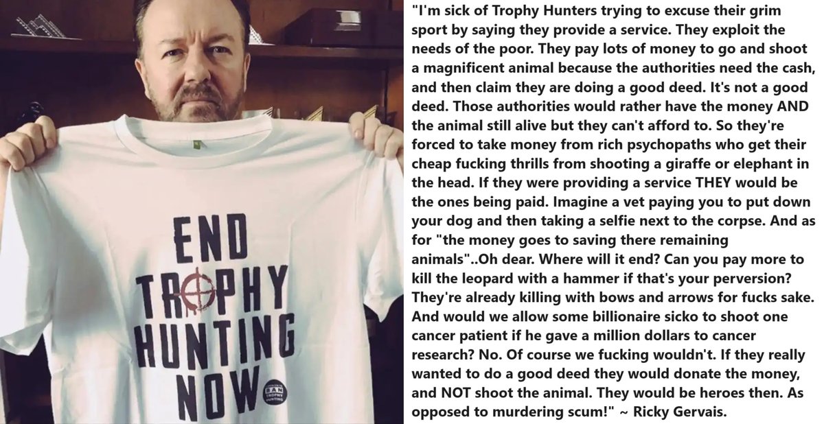 .@RickyGervais makes his views on trophy hunters VERY clear!! 👏👏

#EndTrophyHunting NOW!!