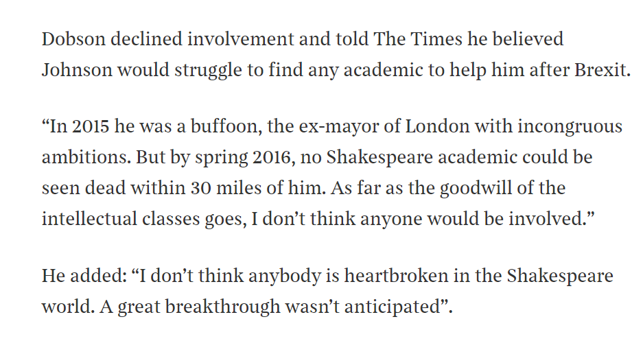 An unanswered question from the covid inquiry - what has happened to Boris Johnson's Shakespeare biography? Academics say none of them would have a bar of him post Brexit, with some spicy comments from Nick Hytner + others⬇️ thetimes.co.uk/article/brexit…