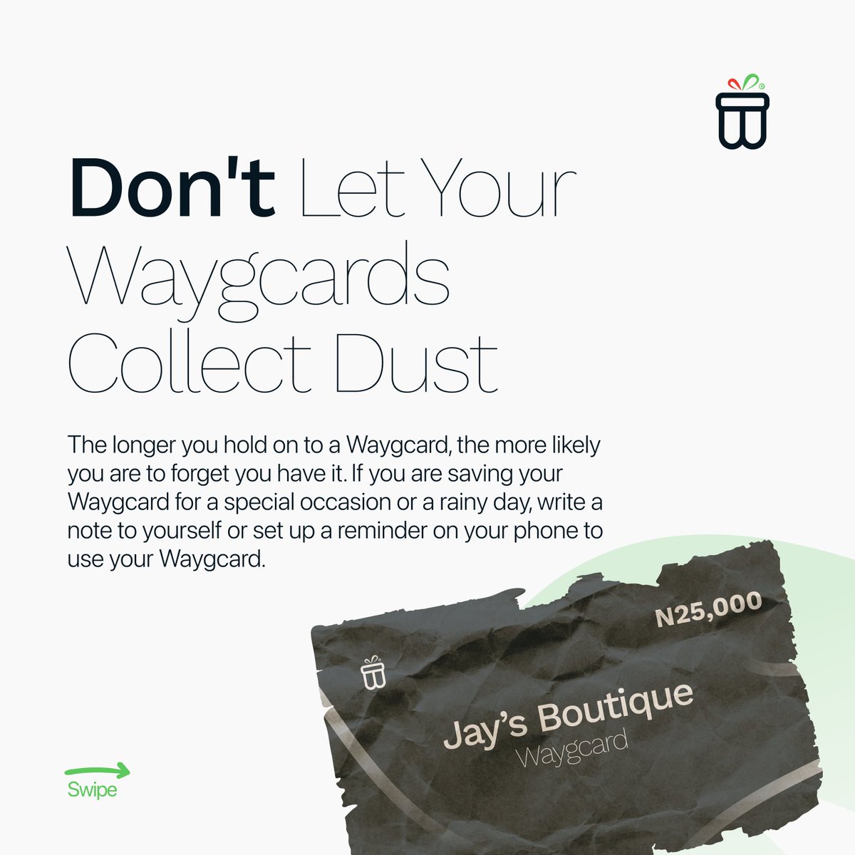 getwayg_'s tweet photo. To make the most of your Waygcards:
• Treat it like cash
• Do not keep it for too long
• Spend the entire Waygcard
• Spend strategically
Shop and gift with so much comfort and ease with Waygcards 😊
#getwayg #waygcards #shoppingcard #giftingmadeeasy🎁 https://t.co/MTAQ1n6WPm