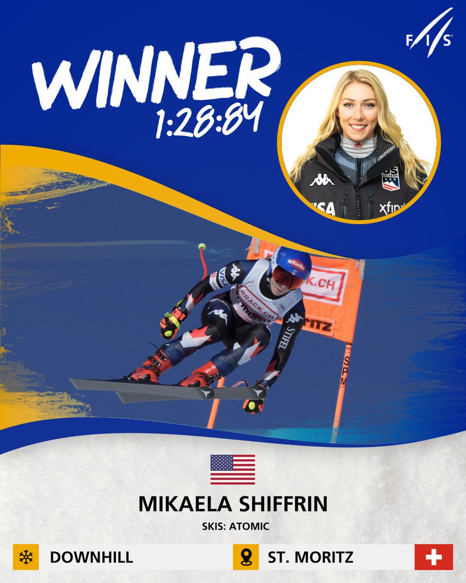 fisalpine's tweet photo. 🏆 She did it!!! Mikaela Shiffrin claims her first-ever Downhill win in St. Moritz, marking an extraordinary 91st career victory and her 4th in Downhill. 🌟🎿 A perfect run in St. Moritz, outpacing the formidable Italian duo of Sofia Goggia and Federica Brignone. What a momentous achievement! #fisalpine