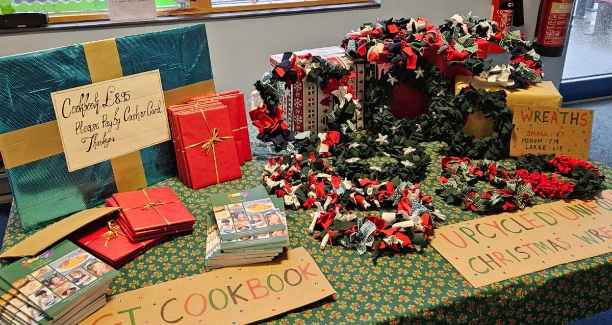 George_Tom16's tweet photo. The Festive Winter fair has started #heroparents recycled uniform wreaths, GT cookbook, so many amazing Jolly Jars and who will be visiting Santa's Grotto? Looking forward to the pantomime #Proud2beGT https://t.co/IxY9FmMFKC