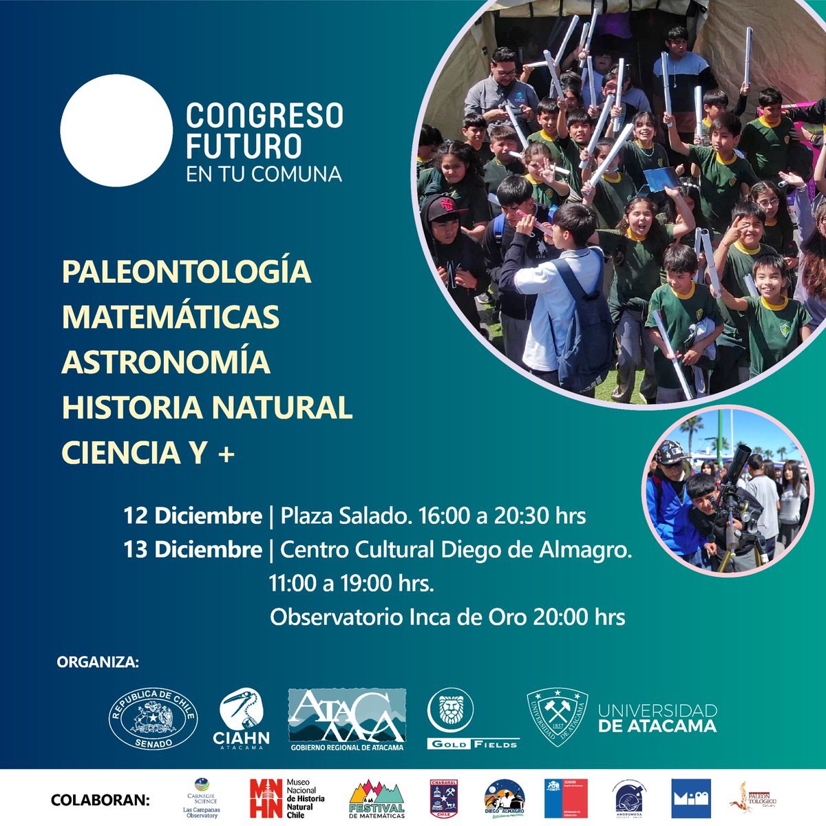 📣 Atención El Salado, Diego de Almagro e Inca de Oro! 📣

📆 Este 12 y 13 de dic. Congreso Futuro en tu Comuna llega con entretenidas actividades de ciencia, tecnología y patrimonio para toda la comunidad 🔬🔭🧪⚗️🦕🦖🔎👨🏻‍🔬👩🏻‍🔬🚘🚐☀️

➡️ RT y comparte!