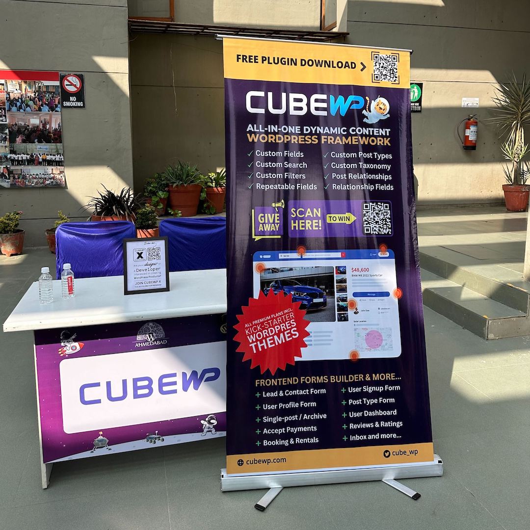 cube_wp's tweet photo. ❤️CubeWP is honored to be a sponsor for #WordCamp @WCAhmedabad 2023

🔥🔥 FREE GIVEAWAY FOR ALL ATTENDEES 🔥🔥

🎁To receive your giveaway of an All Access Lifetime Pass worth $99 for CubeWP Framework Extensions, plz visit our booth &amp; scan the QR code.

#WCAhmedabad #WordPress https://t.co/4fEXQm40R7