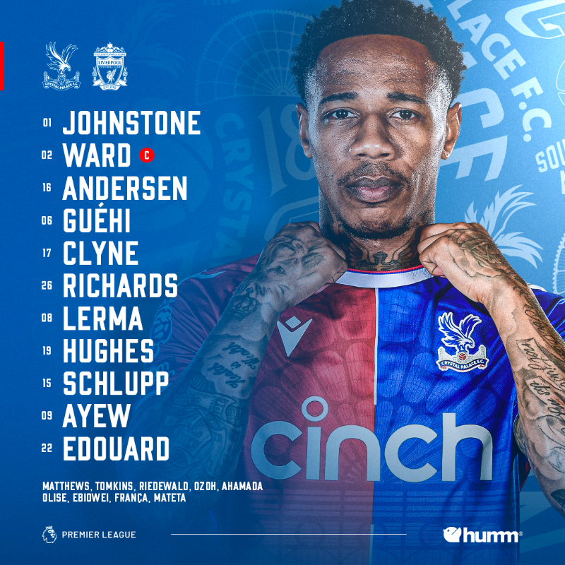 CPFC's tweet photo. Our starting XI to face Liverpool 🦅

#CPFC | #CRYLIV