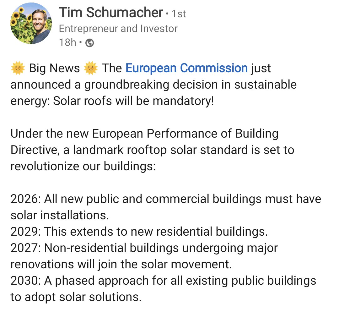 Solar roofs will be mandatory in the European Union by 2030. Great news for our portfolio company Sunroof, by @LechKaniuk, one of the leaders of this fast growing market in Europe!