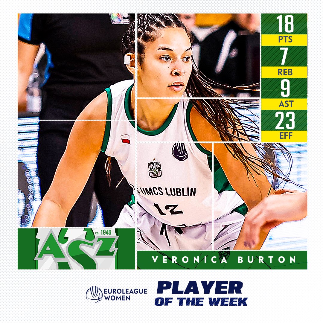 Veronica Burton is the 𝐏𝐥𝐚𝐲𝐞𝐫 𝐨𝐟 𝐭𝐡𝐞 𝐖𝐞𝐞𝐤 👑 Thanks to your votes, @AZSUMCSLublin 23 years old is the best player of Gameday 8 ✨