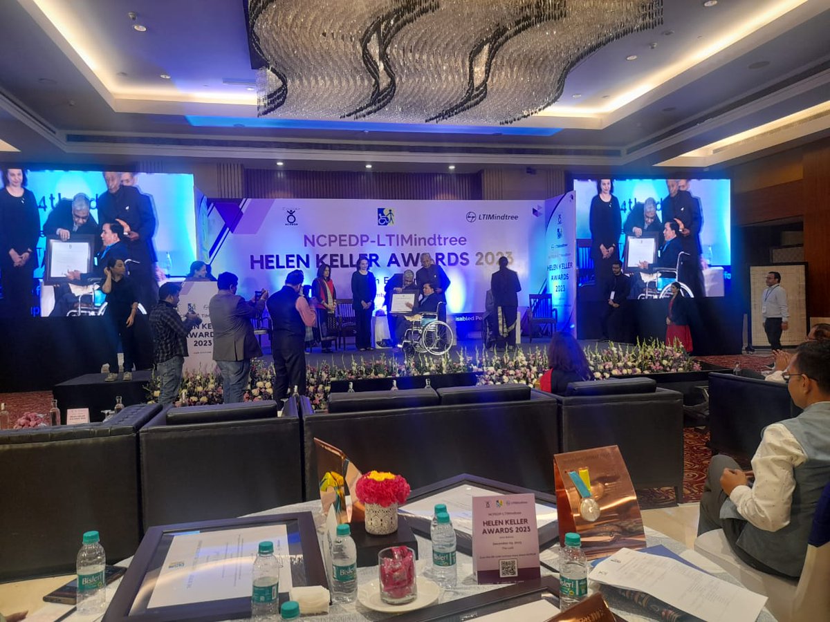 Our Amar Seva Sangam has been awarded the NCPEDP-LTIMINDTREE HELEN KELLER AWARDS 2023 for promoting equal employment opportunities for PwD. The ceremony was held at Delhi on 9.12.2023, The Award was received by Mr. Deepak, our staff, supported by Mr. DR Kaarthikeyan, Rtd. IPS.