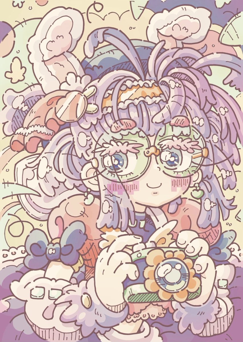 1girl solo smile purple hair blush puffy sleeves glasses  illustration images