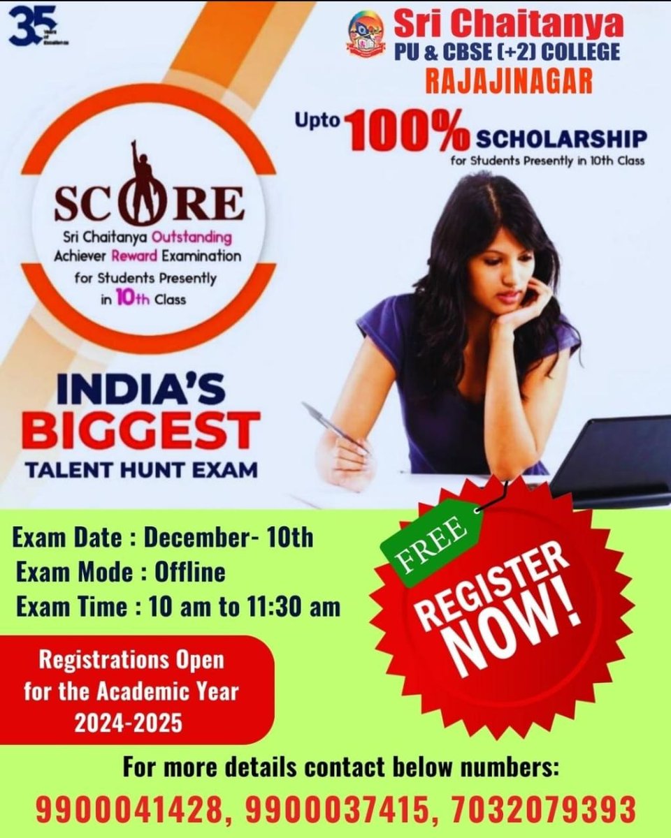 Sri Chaitanya Pu college
Rajajinagar Branch
On Dec10th  only 10th student
On 10:00AM in 'Free of cost'