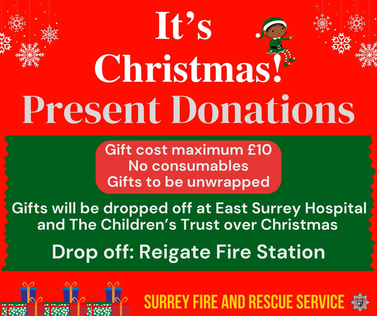 SurreyFRS's tweet photo. It's Christmas 🎄

Reigate Fire Station are seeking present donations for a drop off they will be doing to East Surrey Hospital and The Children's Trust over Christmas 🎁

📍Please drop all presents unwrapped to Reigate Fire Station

Please see further info below 👇

#Christmas https://t.co/1IuqCO76Zs
