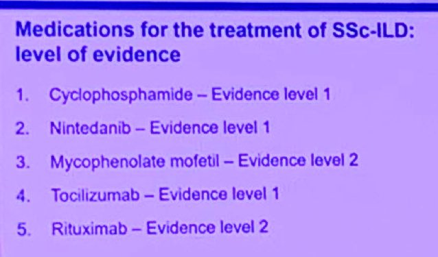 #APLAR23

Treatment of #SSc-ILD and level of evidence 

#scleroderma #systemicsclerosis #ILD #nintedanib #Rituximab #Cyclophosphamide #Tocilizumab