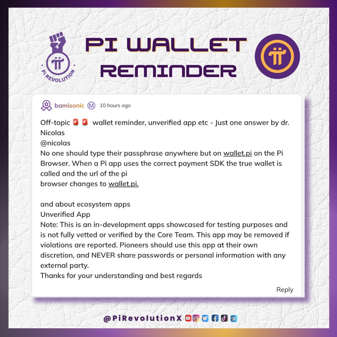 🔒Pi Wallet Reminder: Protect your assets! ⚠️ Never type your passphrase  anywhere but wallet.pi on the Pi Browser. Your security matters! Stay  vigilant and keep your Pi safe. 🛡️💻 #PiNetwork Pi Group