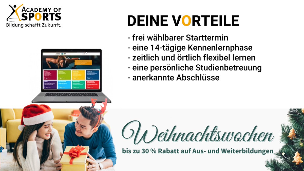Neben der schönen Weihnachtszeit mit Glühwein und Keksen kannst du dir noch ein Geschenk für deine Zukunft machen! Komme deinem Traumberuf näher und hebe deine Karriere in der Fitness- und Gesundheitsbranche auf ein neues Niveau.💪🧑‍🎄

➡️ academyofsports.de/de/news/weihna…