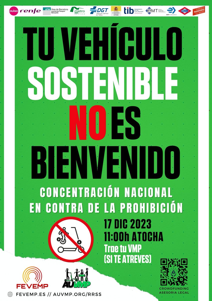 auvmp_'s tweet photo. ¡PROTESTAMOS el 17 DIC, 11am!

📍Atocha @Renfe

Rechazamos la prohibición de los VMP en los transportes públicos. Nos unimos a @FederacionVMP para presentar reclamaciones.

Pedimos apoyo de orgs. ecologistas y ciclistas para luchar por la movilidad sostenible y ciudades seguras. https://t.co/reznLsKSWx