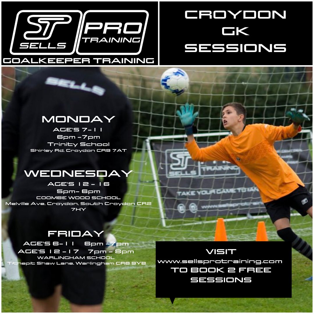 Check out our @sellsprotraining sessions in and around the #Croydon area 👇👇

Book 2 free taster session's at sellsprotraining.com and take your game to #anotherlevel

#sells #gk #goalkeepertraining #goalkeeper #gktraining