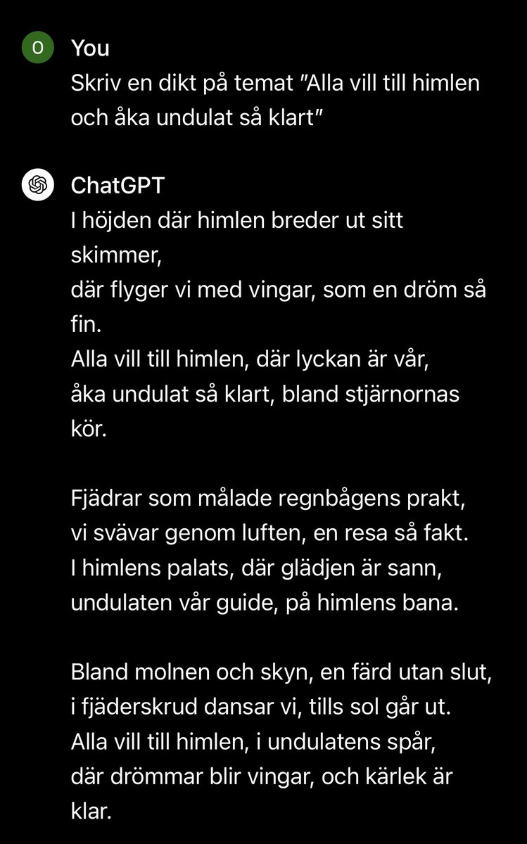 ”Fjädrar som målade regnbågens prakt,
vi svävar genom luften, en resa så fakt.
I himlens palats, där glädjen är sann,
undulaten vår guide, på himlens bana.”