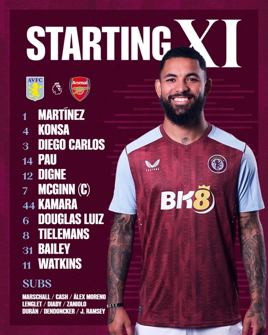 Aston Villa team to face Arsenal: Martínez, Konsa, Diego Carlos, Pau, Digne, McGinn (captain), Kamara, Douglas Luiz, Tielemans, Bailey, Watkins. Substitutes: Marschall, Cash, Álex Moreno, Lenglet, Diaby, Zaniolo, Durán, Dendoncker, Jacob Ramsey.