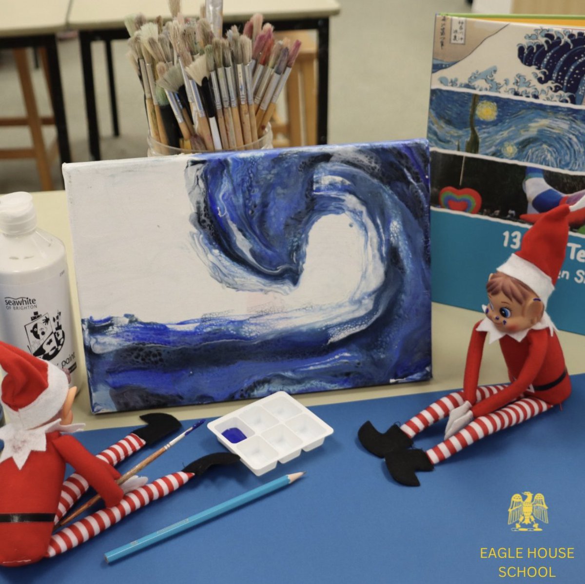 Day 9: Agnes has spent some time in the art room showing off her painting skills to Ian. #eaglehouseschool #berkshireprepschool #prepschool #festivities #elfontheshelf #AI #SocialWonderland