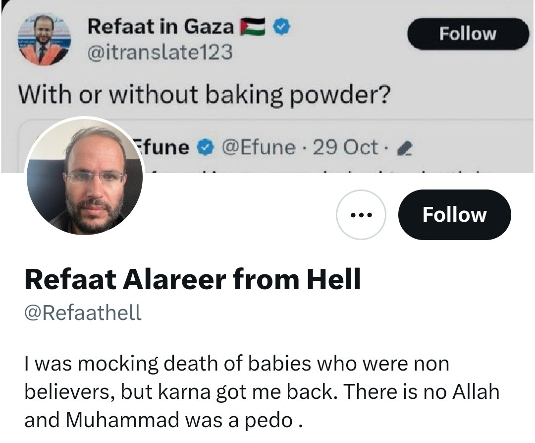 @StopZionistHate @Iatselocal212 This vile person is impersonating the martyr Dr. Refaat, mocking him and his death. Please report.