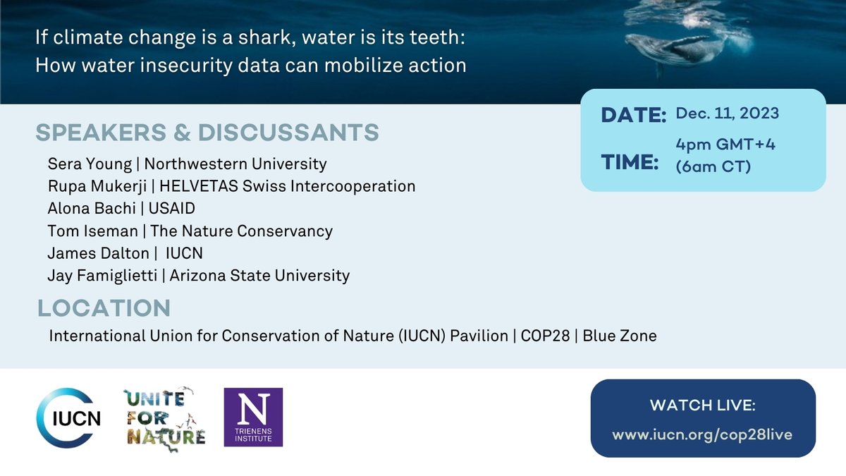 Trienens Institute for Sustainability and Energy (@trienensinst) on Twitter photo Tomorrow, <a href="/NorthwesternU/">Northwestern</a>'s <a href="/ProfSeraYoung/">Sera L. Young</a>, <a href="/RupaMukerji/">Rupa Mukerji</a>, Alona Bachi, <a href="/TomIseman/">Tom Iseman</a>, James Dalton, and Jay Famiglietti will explore the intersection of #climate change, #water insecurity, #health, and #nutrition. #COP28
🗓 Mon. Dec. 11 at 6am CT
iucn.org/cop28live
<a href="/IUCN/">IUCN</a> Tomorrow, <a href="/NorthwesternU/">Northwestern</a>'s <a href="/ProfSeraYoung/">Sera L. Young</a>, <a href="/RupaMukerji/">Rupa Mukerji</a>, Alona Bachi, <a href="/TomIseman/">Tom Iseman</a>, James Dalton, and Jay Famiglietti will explore the intersection of #climate change, #water insecurity, #health, and #nutrition. #COP28
🗓 Mon. Dec. 11 at 6am CT
iucn.org/cop28live
<a href="/IUCN/">IUCN</a>