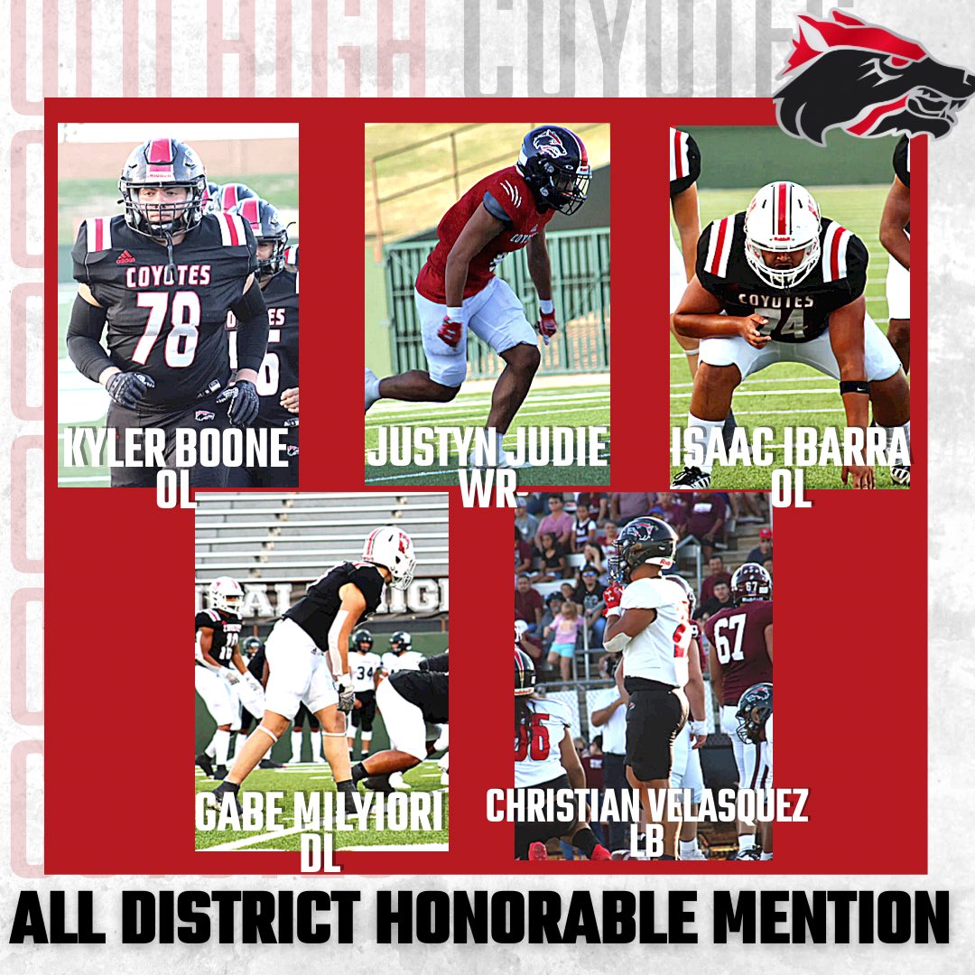 Congratulations to our All District Honorable Mentions!! #AGNB #CodeRed Kyler Boone- OL Justyn Judie- WR Isaac Ibarra- OL Gabe Milyiori- DL Christian Velasquez- LB