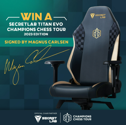 🚨 GIVEAWAY Boost your elo rating with a CCT Secretlab TITAN Evo Champions Chess Tour 2023 Edition, signed by @MagnusCarlsen 🐐 • Follow @chesscom and @secretlabchairs • Like this post • Tag a chess mate that’s also watching the Tour Finals