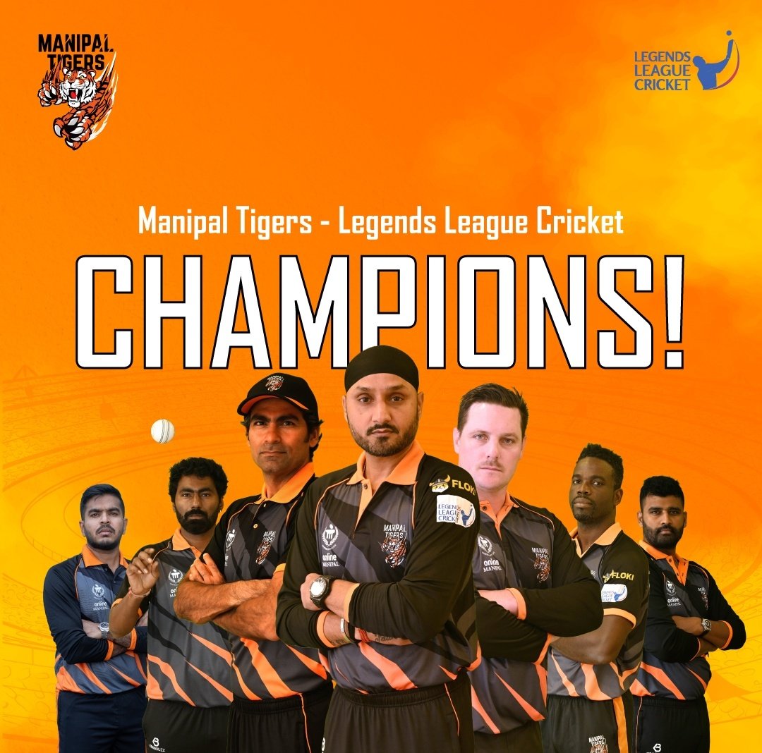 MANIPAL TIGERS ARE THE CHAMPIONS OF LLC 2023...!!!! 🙌🏆

They chased down 188 runs target in the Final which led them to a remarkable title win. 💪 Congratulations to Captain Harbhajan Singh and the team. 👏 @llct20 #LLCT20
#LegendsLeagueCricket #ManipalTigers