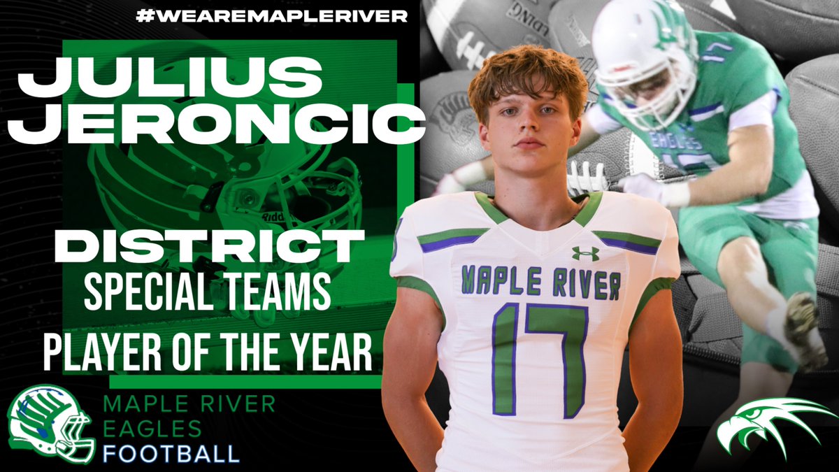 Congratulations, Julius, for being selected 2023 South Central Blue Sub-District Special Teams Player of the Year!
Julius was 19 for 22 on PATs, and 6 for 9 on field goals, with a long of 45 yards. He recorded 44 kickoffs for 2,221 yards and 8 touchbacks.
#wearemapleriver