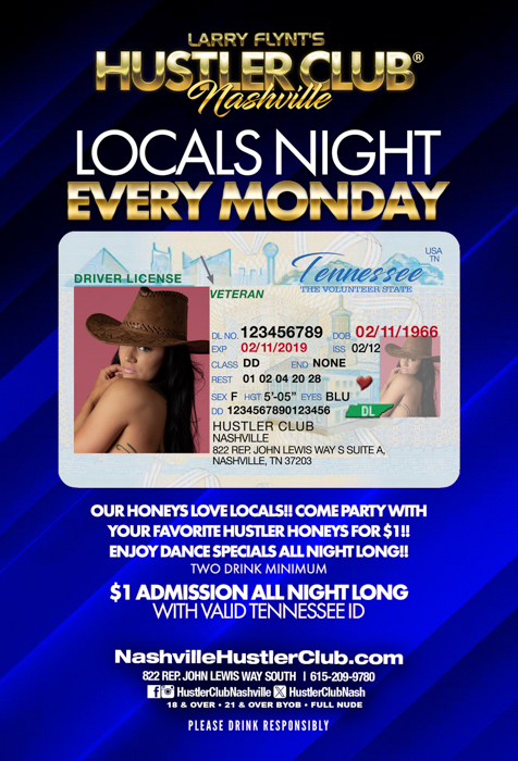 ‼️‼️ NEW ‼️‼️ Locals Night Every Monday! Our Honeys love locals! Come party with your favorite Hustler Honeys for $1! Enjoy d@nce specials all night! (two drink minimum) $1 admission all night long with valid Tennessee ID! #HustlerNashville #NashvilleEvents