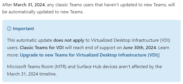 Classic Teams for VDI will reach end of support on June 30th, 2024 learn.microsoft.com/en-us/microsof…
