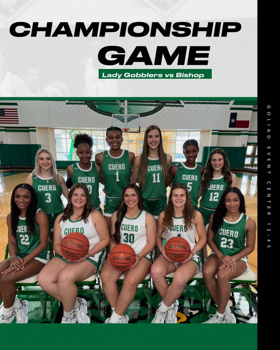 CueroAthletics's tweet photo. Today the Lady Gobblers will compete in Goliad against the Bishop Badgers in the CHAMPIONSHIP game of the Tigerette Basketball Tournament. The game will be played in the Goliad Event Center at 12:45. https://t.co/op9DGXz7uh