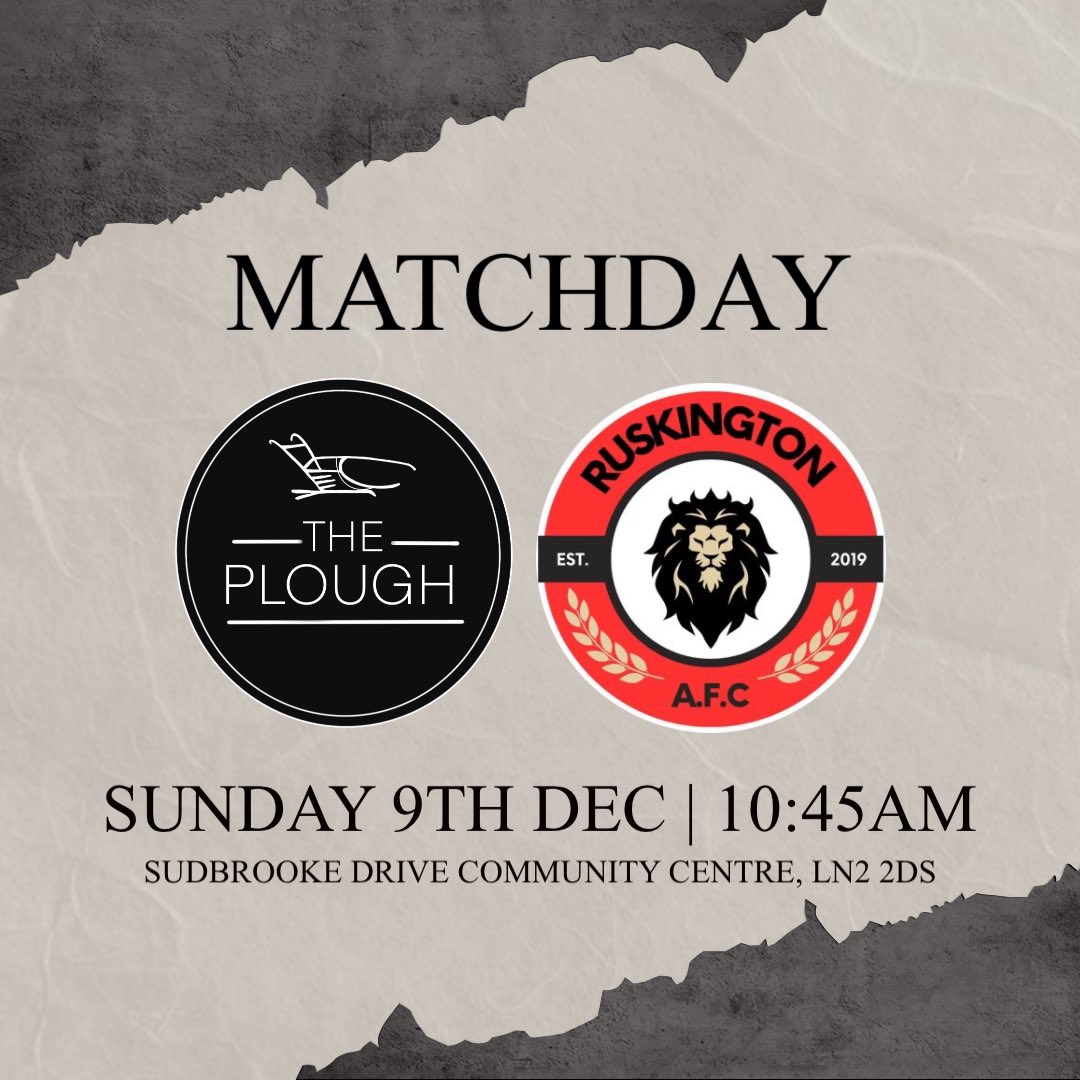 🚨 MATCHDAY ALERT 🚨

Tomorrow we have our first home league game of the season, with a fixture against @Ruskington_AFC. Come down and support the boys. Up The Plough 🩶🖤

🆚 @Ruskington_AFC 
⏰ Sunday 9th December 10:45 KO
📍 Sudbrooke Drive Community Centre, Lincoln, LN2 2DS
