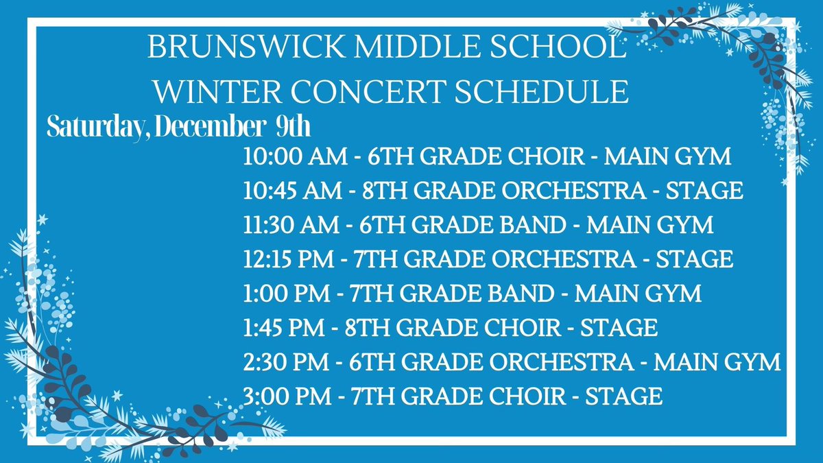 Today is concert day! Come out to BMS today to see some fantastic student performances! Check out the schedule below! <a href="/BCSDBrunswickMS/">Brunswick Middle School</a> <a href="/BrunswickOrch/">Brunswick Orchestras</a> <a href="/BMS_choirs/">Brunswick Middle School Choir OH</a> @BMS_Bands2020 <a href="/BrunswickCSD/">BrunswickCitySchools</a>