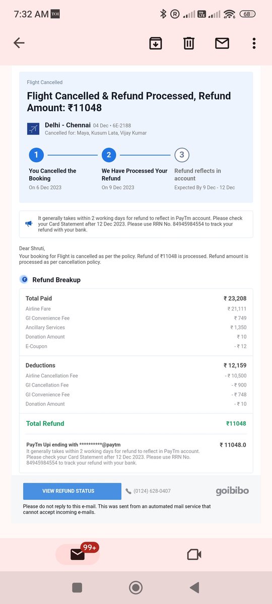 huntforpradeep's tweet photo. @IndiGo6E @GoibiboSupport  SHAME ON YOU, INDIGO &amp; GOIBIBO. U'RE CHARGING CANCELLATION AND OTHER FEE ON FLIGHT CANCELLATION REFUND. THE FLIGHT WAS CANCELLED BY INDIGO DUE TO CYCLONE. OTHER AIRLINES (VISTARA) ARE REFUNDING FULL AMOUNT. PLS REFUND FULL AMOUNT. @MoCA_GoI https://t.co/WX0RLmV4Xv