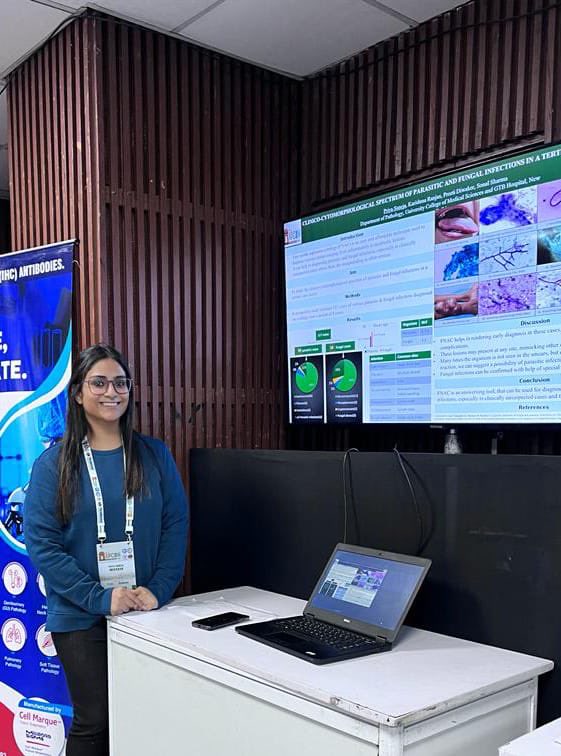 Senior Resident ⁦<a href="/priya_suneja/">Priya Suneja,MD</a>⁩ UCMS Department of pathology presented poster on ‘Clinico-cytomorpbological spectrum of parasitic and fungal lesions in a tertiary care centre!’ ⁦<a href="/UCMSofficial/">University College of Medical Sciences, Delhi</a>⁩ 

<a href="/APCON2023/">APCON 2023</a>
#infections #cytopathology #pathtwitter #pathology #apcon2023