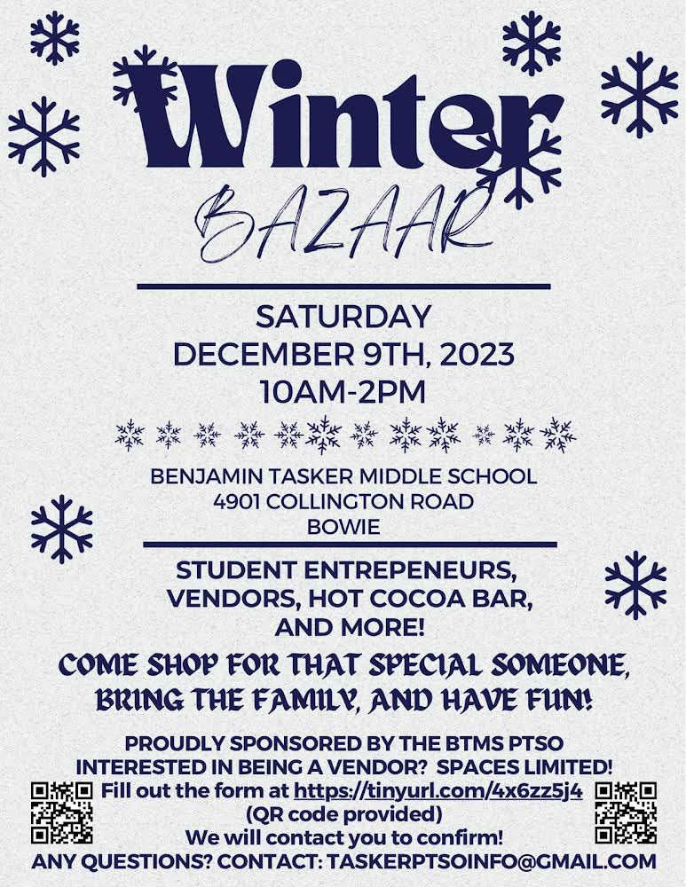 BTMSTigers's tweet photo. Happy Saturday! Be sure to check out our @BTMSTigers Winter Bazaar sponsored by @TaskerPtso!
❄️🛍️🎄#WinterBazaar #Vendors #HotCocoaBar🫖🍫🍢 https://t.co/zug3QUDe1M