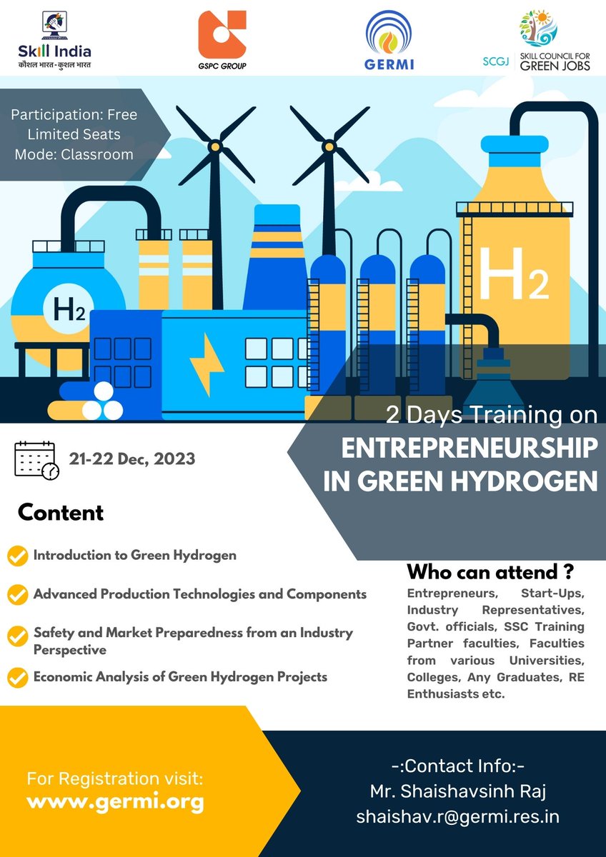 GERMIRnD's tweet photo. 🚀 Explore green hydrogen, advanced production technology, safety and market preparation, and economic analysis. Join the free training at GERMI on "Entrepreneurship in Green Hydrogen." 🗓️ Dec 21-22, 2023: 📍 GERMI Campus. Reserve your spot: https://t.co/7utvJBHWQN #GERMI https://t.co/cKyKmfsTAD