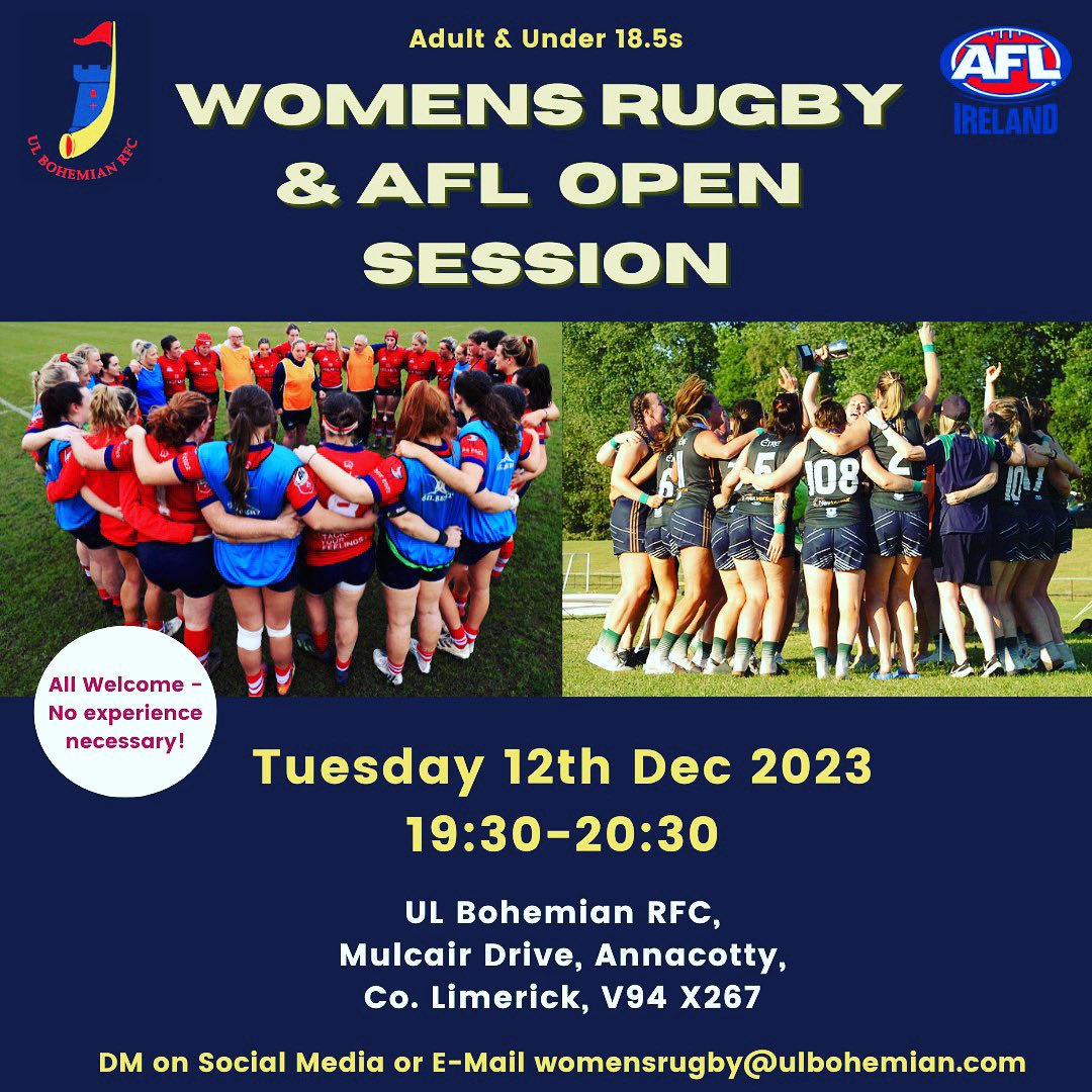 Excited for this one @ulbohemianrfc 🙌 Great opportunity to give 2 sports a try in the one place. Open to adult and U18.5 players #womenssport #nothinglikeit #giveitatry