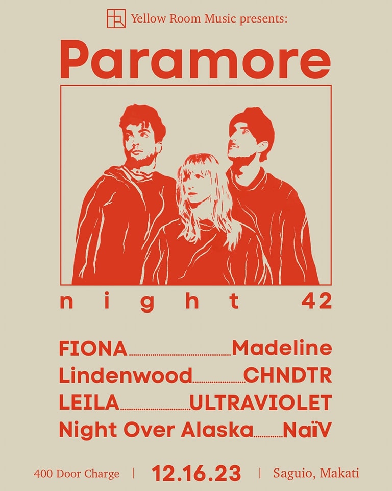 SaGuijo Bar + Cafe (@saguijoofficial) on Twitter photo Dec 16 (Sat)- Yellow Room Music presents: PARAMORE NIGHT 42
w/ performance by: FIONA, Madeline, Lindenwood, C H N D T R, LEILA, Night Over Alaska, ULTRAVIOLET, NaÏV
7pm
400php Dec 16 (Sat)- Yellow Room Music presents: PARAMORE NIGHT 42
w/ performance by: FIONA, Madeline, Lindenwood, C H N D T R, LEILA, Night Over Alaska, ULTRAVIOLET, NaÏV
7pm
400php
